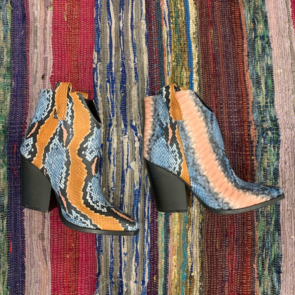 Qupid Multi-colored Snakeskin Booties